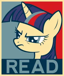 Size: 2100x2491 | Tagged: artist needed, safe, derpibooru import, twilight sparkle, pony, angry, female, frown, glare, high res, mare, poster, propaganda, read, solo