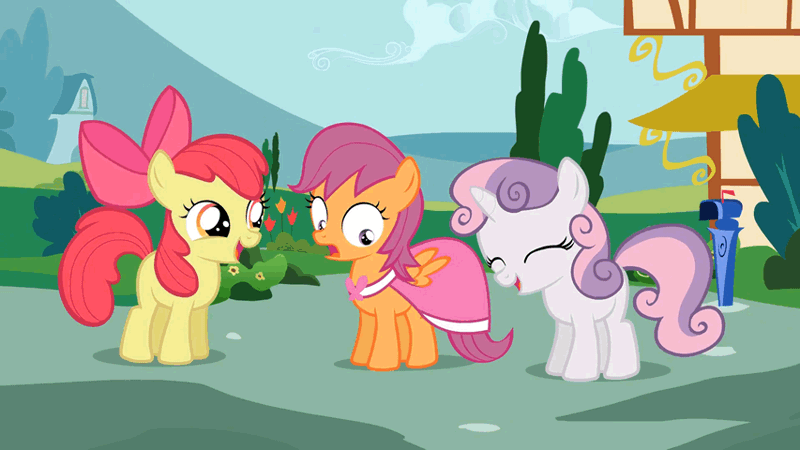 Size: 853x480 | Tagged: alternate hairstyle, animated, apple bloom, artist:jan, clothes, cutie mark crusaders, derpibooru import, dress, picture perfect pony, safe, scootaloo, sweetie belle