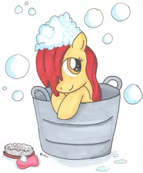 Size: 1726x2082 | Tagged: adorabloom, apple bloom, artist:catscratchpaper, bath, brush, bubble, bucket, cute, derpibooru import, foam, safe, soap