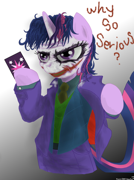 Size: 1936x2592 | Tagged: artist:flowersimh, batman, crossover, derpibooru import, safe, so who's batman?, the dark knight, the joker, twijoker, twilight sparkle, why so serious?