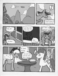 Size: 800x1045 | Tagged: applejack, artist:lyun, comic, derpibooru import, food, monochrome, pie, rainbow dash, safe, soarin'