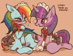 Size: 787x600 | Tagged: artist:rikose, blushing, clothes, costume, derpibooru import, dressup, duo, embarrassed, maid, rainbow dash, safe, shy, shy dashie, twilight sparkle