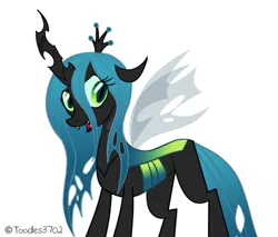 Size: 981x835 | Tagged: safe, artist:toodles3702, derpibooru import, queen chrysalis, changeling, changeling queen, fangs, female, floppy ears, frown, image, open mouth, png, signature, simple background, slit eyes, smiling, solo, standing, white background