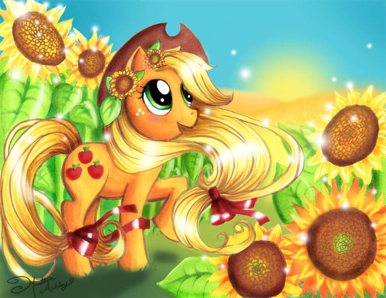 Size: 900x695 | Tagged: applejack, artist:for-he-who-is-grand, derpibooru import, flower, flower in hair, raised hoof, ribbon, safe, solo, sunflower