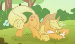 Size: 925x545 | Tagged: safe, artist:skygracer, derpibooru import, applejack, earth pony, pony, apple (company), crossover, face down ass up, female, flat colors, irritated, mare, no pupils, solo