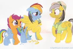 Size: 1632x1097 | Tagged: artist:foxxy-arts, daring do, dash and scootaloo's cycle of obsession, derpibooru import, mouth hold, obsession, paint, paintbrush, paint on feathers, paint on fur, rainbow dash, safe, scootaloo, scootobsession, traditional art, trio