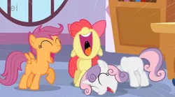 Size: 1559x866 | Tagged: safe, derpibooru import, edit, edited screencap, screencap, apple bloom, scootaloo, sweetie belle, pony, robot, robot pony, unicorn, blank flank, cutie mark crusaders, decapitated, disembodied head, eyes closed, female, filly, floppy ears, foal, hooves, horn, laughing, nose in the air, open mouth, raised hoof, robot gore, severed head, smiling, spread wings, sweetie bot, teeth, tongue out, trio, uvula, volumetric mouth, wat, wings