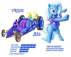 Size: 1969x1575 | Tagged: safe, artist:blue-paint-sea, derpibooru import, trixie, pony, bipedal, clothes, crossover, go kart, go-kart, kart stats, mario kart, parody, ponykart, solo