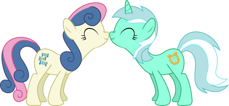 Size: 12359x5754 | Tagged: safe, artist:mysteriouskaos, derpibooru import, bon bon, lyra heartstrings, sweetie drops, absurd resolution, boop, female, lesbian, lyrabon, noseboop, scrunchy face, shipping, simple background, transparent background, vector