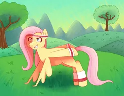 Size: 900x700 | Tagged: artist:rosewhistle, derpibooru import, fluttershy, push-ups, safe, solo, wing hands, wing-ups, workout