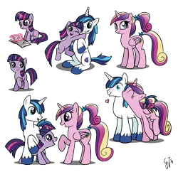 Size: 1320x1280 | Tagged: artist:glancojusticar, book, cute, derpibooru import, filly, heart, hug, kissing, princess cadance, safe, shining armor, simple background, transparent background, twiabetes, twilight sparkle