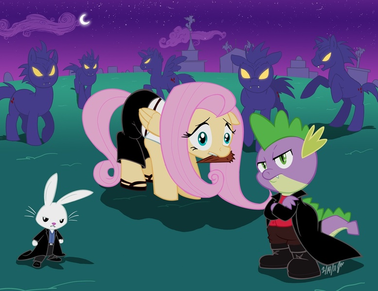 Size: 1200x925 | Tagged: angel (buffyverse), angel bunny, artist:scruffytoto, buffy the vampire slayer, derpibooru import, fluttershy, namesake, pun, safe, spike, spike (buffyverse), vampire, vampony