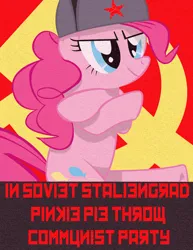 Size: 1600x2077 | Tagged: artist:celrahk, communism, dancing, derpibooru import, fake cyrillic, hammer and sickle, hat, pinkie pie, safe, soviet union, ushanka