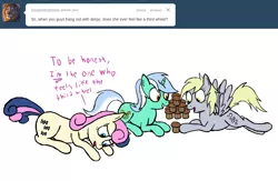 Size: 1000x650 | Tagged: safe, artist:mostlyponyart, derpibooru import, bon bon, derpy hooves, lyra heartstrings, sweetie drops, earth pony, pegasus, pony, unicorn, ask lyra and bonbon, ask, bon bon is not amused, food, muffin, trio, tumblr