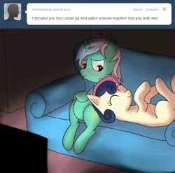 Size: 1000x988 | Tagged: safe, artist:mostlyponyart, derpibooru import, bon bon, lyra heartstrings, sweetie drops, earth pony, pony, unicorn, ask lyra and bonbon, ask, couch, duo, smiling, television, tumblr