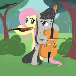 Size: 1000x1000 | Tagged: artist:a-leksey, cello, derpibooru import, female, fluttershy, fluttertavia, lesbian, musical instrument, octavia melody, safe, shipping, violin