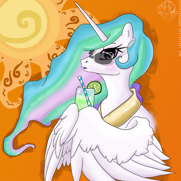 Size: 900x900 | Tagged: artist:zephrysdaemon, dead source, derpibooru import, food, lemon, princess celestia, safe, solo, sun, sunglasses, wing hands