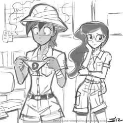 Size: 800x800 | Tagged: artist:johnjoseco, breasts, clothes, comic:the erotic adventures of daring do, cutie mark underwear, daring do, derpibooru import, female, females only, glasses, grayscale, human, humanized, monochrome, panties, princess luna, suggestive, underwear