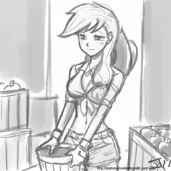 Size: 800x800 | Tagged: applejack, artist:johnjoseco, belly button, clothes, daisy dukes, derpibooru import, front knot midriff, grayscale, human, humanized, midriff, monochrome, safe, solo, tired