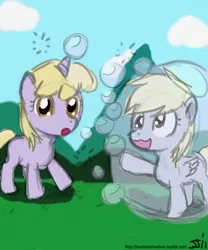 Size: 500x600 | Tagged: artist:johnjoseco, bubble, colored, derpibooru import, derpy hooves, dinky hooves, filly, safe