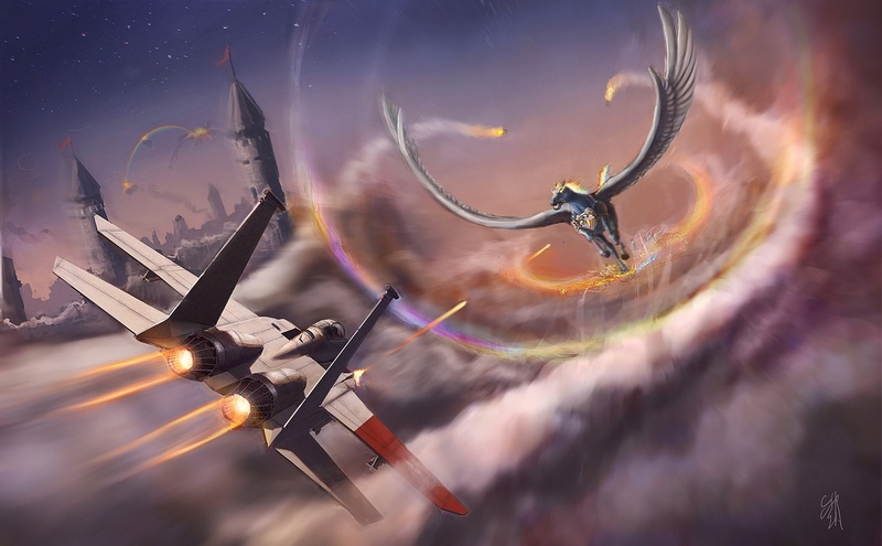 Size: 1417x877 | Tagged: ace combat, aircraft, artist:pvtskwerl, derpibooru import, elements of harmony, f-15 eagle, fighter, greatest internet moments, human, jet, jet fighter, large wings, machine gun, missile, pixiv, plane, rainbow dash, realistic, safe, solo wing pixy, sonic rainboom, wings