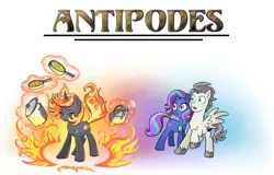 Size: 1500x960 | Tagged: safe, artist:madmax, derpibooru import, oc, oc:incendia, unofficial characters only, pegasus, pony, unicorn, fanfic, fanfic:antipodes, cooking, fire