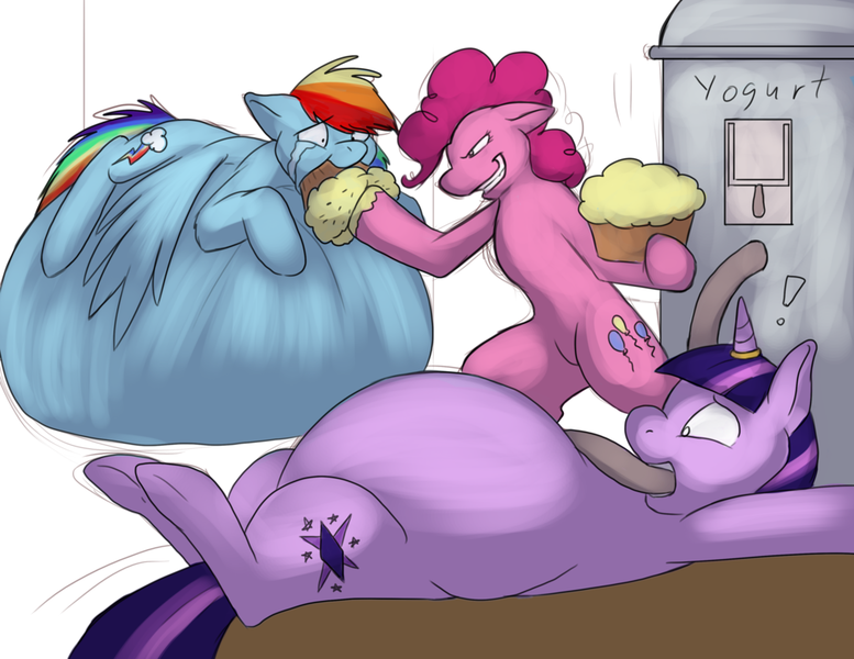 Size: 1024x791 | Tagged: questionable, artist:foxenawolf, artist:ocixelf, derpibooru import, pinkie pie, rainbow dash, twilight sparkle, earth pony, pegasus, pony, unicorn, fanfic:cupcakes, belly, belly bed, colored, commission, cupcakes redux, fat, force feeding, horn ring, immobile, impossibly large belly, magic suppression, rainblob dash, stuffed, stuffing, twilard sparkle, unicorn twilight, weight gain