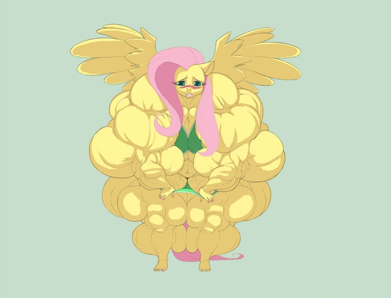 Size: 1200x914 | Tagged: anthro, artist:fatfoxlower, clothes, derpibooru import, female, fetish, fluttershy, muscle fetish, muscles, muscleshy, overdeveloped muscles, panties, questionable, simple background, solo, solo female, underwear, undressing