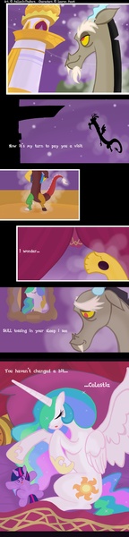 Size: 3438x14348 | Tagged: safe, artist:falleninthedark, derpibooru import, discord, princess celestia, twilight sparkle, comic, dislestia, doll, female, male, puppet, shipping, straight, the chaotic and the regretful