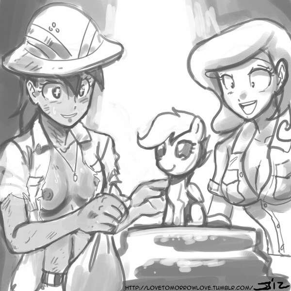 Size: 700x700 | Tagged: artist:johnjoseco, breasts, casual nudity, comic:the erotic adventures of daring do, daring do, daring do and the golden scootaloo, derpibooru import, female, fleur-de-lis, grayscale, human, humanized, monochrome, nipples, nudity, questionable, scootaloo