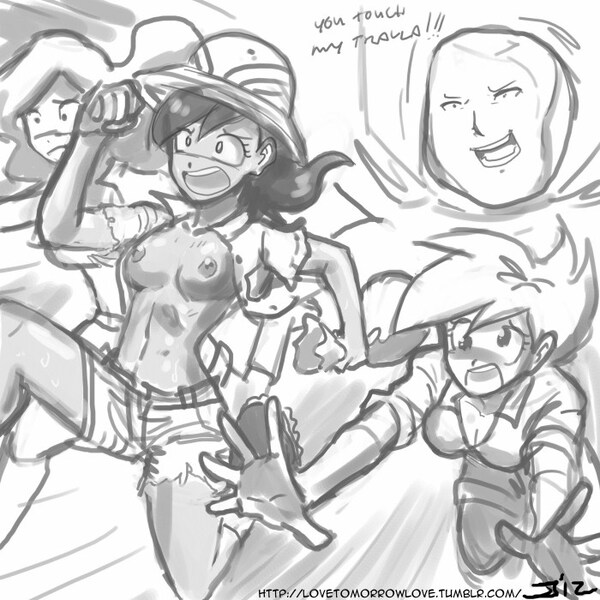 Size: 700x700 | Tagged: artist:johnjoseco, breasts, casual nudity, comic:the erotic adventures of daring do, daring do, daring do and the golden scootaloo, derpibooru import, derpy hooves, female, fleur-de-lis, funny porn, grayscale, human, humanized, monochrome, nipples, nudity, questionable, tom, tra la la