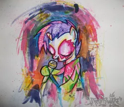 Size: 1033x887 | Tagged: safe, artist:traviswar, derpibooru import, sweetie belle, pony, the show stoppers, bipedal, clothes, costume, face paint, microphone, photo, show stopper outfits, solo, traditional art
