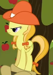 Size: 333x467 | Tagged: safe, derpibooru import, screencap, jonagold, marmalade jalapeno popette, earth pony, pony, over a barrel, angry, apple family member, background pony, bow, cowboy hat, cropped, female, hair bow, hat, mare, solo, tail bow