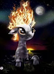 Size: 1920x2634 | Tagged: safe, artist:hereticofdune, derpibooru import, oc, unofficial characters only, unicorn, fire, flower, grass, mane of fire, moon, saturn, solo, starry night, stars, water