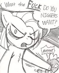 Size: 517x643 | Tagged: 4chan, artist:wootmaster, derpibooru import, fourth wall, grayscale, grimdark, /mlp/, monochrome, oc, oc:tracy cage, slur, spike, vulgar