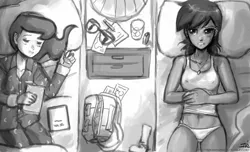 Size: 1280x776 | Tagged: artist:johnjoseco, breasts, clothes, comic:the erotic adventures of daring do, daring do, derpibooru import, grayscale, human, humanized, monochrome, princess luna, suggestive, underwear