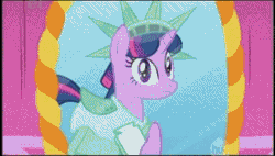 Size: 325x185 | Tagged: safe, derpibooru import, screencap, twilight sparkle, unicorn, friendship is magic, animated, annoyed, clothes, dress, dressup, frown, gem saddle twilight, looking up, mirror, not poofy enough, open mouth, outfit, outfits, reflection, sad, smiling, socks, solo, statue of liberty, too frilly, too green, too poofy, too shiny, too yellow, unamused, unicorn twilight, wig