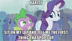 Size: 400x225 | Tagged: safe, derpibooru import, edit, edited screencap, screencap, cloud kicker, coco crusoe, doctor whooves, lyra heartstrings, rainbowshine, rarity, spike, time turner, dragon, earth pony, pony, unicorn, boast busters, bad pickup line spike, caption, exploitable meme, female, image macro, implied erection, innuendo, male, mare, meme, stallion