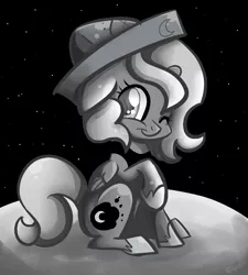 Size: 790x876 | Tagged: safe, artist:turrkoise, derpibooru import, princess luna, alicorn, pony, moonstuck, :t, cartographer's cap, cute, floppy ears, grayscale, hat, looking at you, lunabetes, monochrome, moon, paper hat, raised hoof, sitting, smiling, solo, space, wink, woona, younger