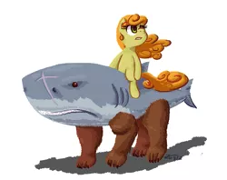 Size: 717x568 | Tagged: artist:zicygomar, bear, carrot top, derpibooru import, duo, golden harvest, ponies riding bears, safe, shark, shark-bear, simple background, wat, what has science done, white background