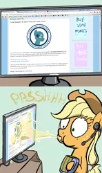 Size: 750x1270 | Tagged: applejack, artist:flavinbagel, ask gamer ponies, derpibooru import, equestria daily, safe, spit take, url