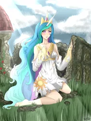 Size: 3000x4000 | Tagged: artist:mylittelrosy, clothes, derpibooru import, female, humanized, princess celestia, safe, solo, torn clothes