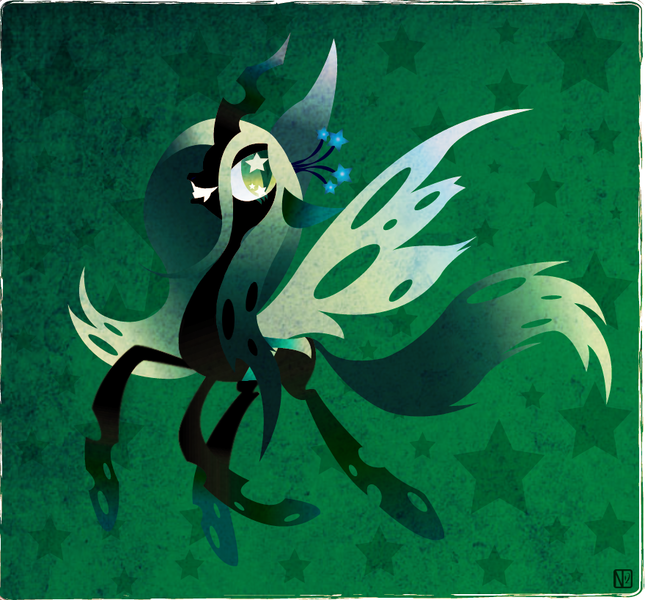 Size: 880x819 | Tagged: safe, artist:disfiguredstick, derpibooru import, queen chrysalis, changeling, changeling queen, abstract background, female, floppy ears, flying, grin, image, png, signature, slit eyes, smiling, solo, stars