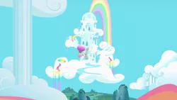 Size: 1280x720 | Tagged: safe, derpibooru import, screencap, pinkie pie, rainbow dash, pony, party of one, cloud, hot air balloon, rainbow, rainbow dash's house, rainbow waterfall, twinkling balloon