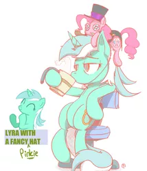 Size: 1221x1429 | Tagged: artist needed, safe, derpibooru import, lyra heartstrings, pinkie pie, pony, unicorn, chair, cup, doll, hat, plushie, plushie hat, pony hat, simple background, sitting, solo, white background
