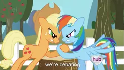 Size: 683x384 | Tagged: applejack, debate, derpibooru import, hoofwrestle, rainbow dash, safe, screencap, youtube caption