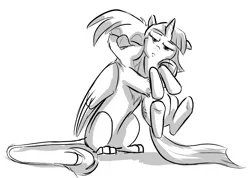 Size: 1024x728 | Tagged: safe, artist:ribnose, derpibooru import, gilda, twilight sparkle, gryphon, pony, unicorn, cute, female, grayscale, hug, image, mare, monochrome, png, twilight is not amused, twilight sparkle is not amused, unamused