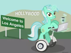 Size: 2670x1977 | Tagged: safe, artist:misteraibo, derpibooru import, lyra heartstrings, pony, bipedal, bipedal leaning, coffee, coffee cup, hollywood, leaning, los angeles, macbook, segway, solo, starbucks, vector