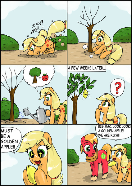 Size: 2481x3506 | Tagged: safe, artist:ciriliko, derpibooru import, applejack, big macintosh, earth pony, pony, :3, colt big macintosh, comic, creeper, female, filly, filly applejack, food, high res, lemon, male, pictogram, stallion, starry eyes, thought bubble, wingding eyes, younger, zas