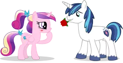 Size: 5000x2589 | Tagged: safe, artist:masamunya, artist:northernthestar, derpibooru import, princess cadance, shining armor, pony, blushing, female, flower, flower in mouth, high res, male, mouth hold, rose, rose in mouth, shiningcadance, shipping, simple background, straight, teen princess cadance, transparent background, vector, younger